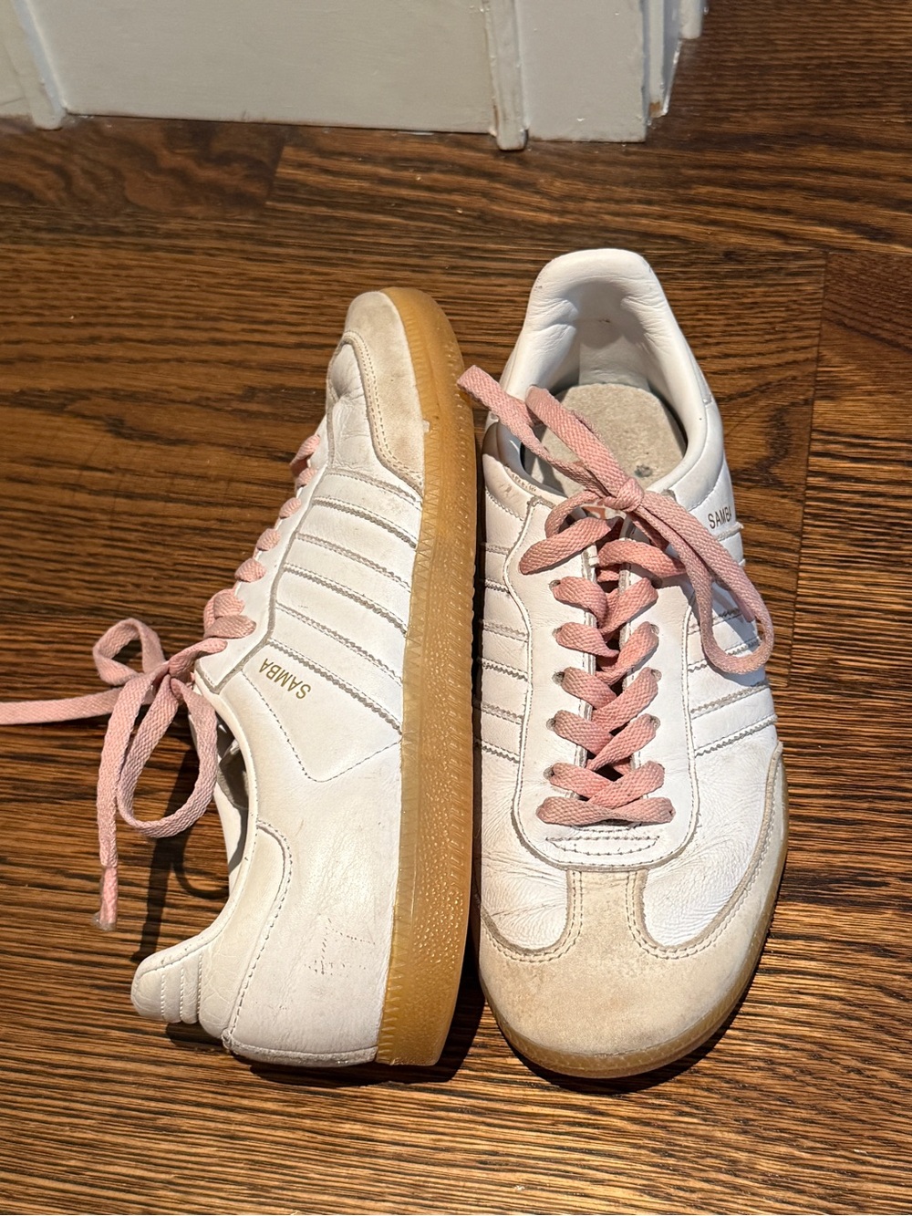 adidas White Sneakers with Pink Laces and Gum Sole